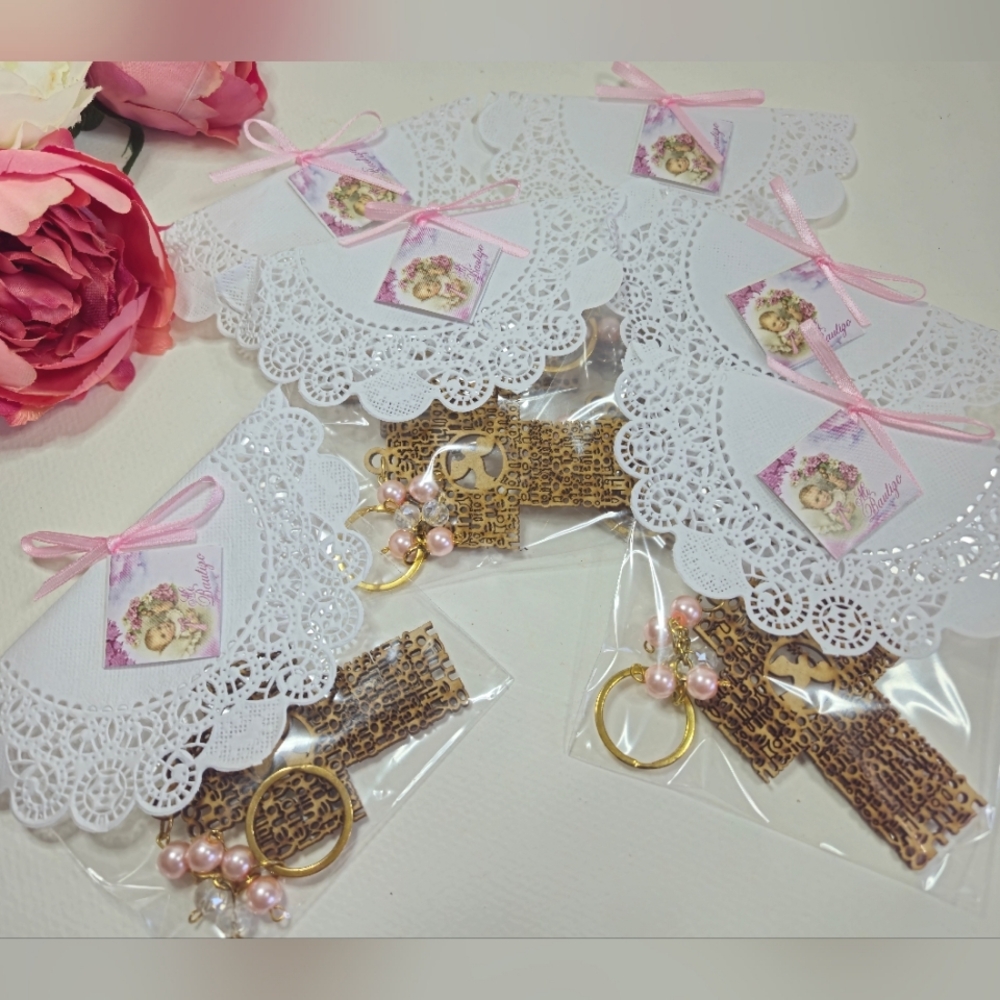 Gir Baptism Cross Party Favors. Cross Spanish Our Father Keychains. Wooden Cross